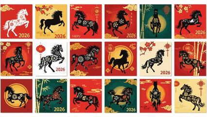 A collection of vibrant Chinese New Year 2026 horse illustrations in various traditional styles and colors, featuring cultural elements like lanterns and blossoms.