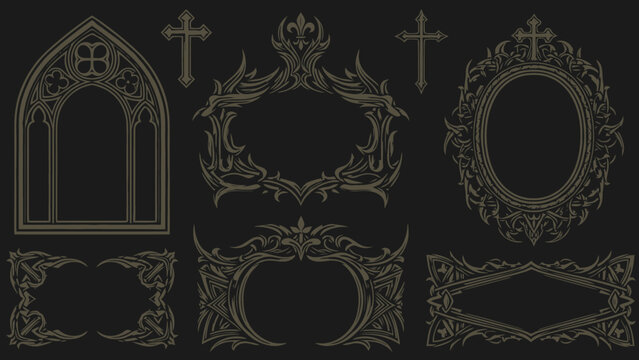 Collection of intricate gothic frames, ornate borders, and a pointed arch window with crosses on a dark background, showcasing vintage decorative design elements.