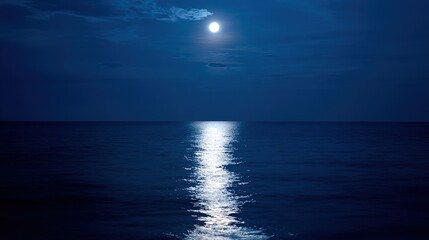 wholeness. Moonlight creating a shimmering silver path on a calm, deep blue sea surface. travel magazines, destination branding, designed for outdoor magazines and nature guides.