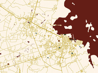 Fototapeta premium Decorative abstract map of Sakon Nakhon, Thailand, featuring rich navy water shapes with ivory land and golden street network accents
