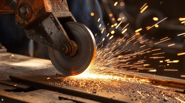 abrasive. Vintage grinding wheel in workshop emitting metal sparks with motion blur effect. safety posters, maintenance manuals, designed for precision metalworking and fabrication facilities.
