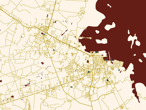 Decorative abstract map of Sakon Nakhon, Thailand, featuring rich navy water shapes with ivory land and golden street network accents