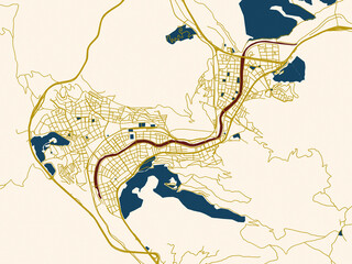 Abstract city map of Amasya, T&uuml;rkiye with gold street network with navy water