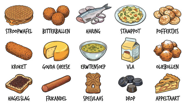 Assorted Dutch delicacies and ingredients illustrated in a culinary showcase