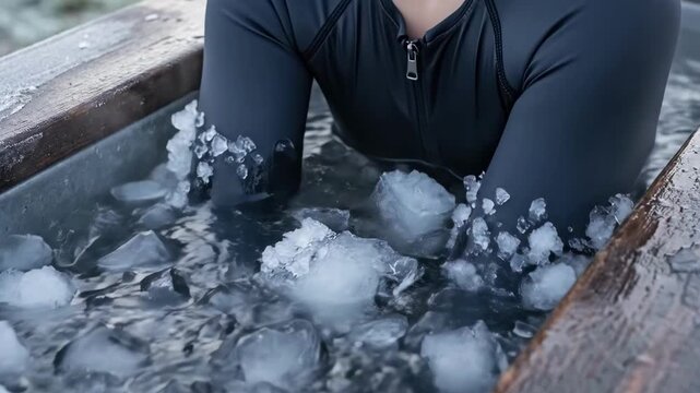 Cold plunge therapy for longevity, illustrating hormetic stress that triggers cellular adaptation, an athlete slowly descending into an extreme ice bath