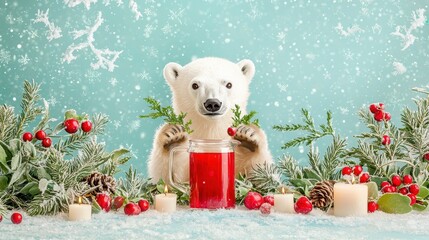 Adorable Baby Polar Bear Surrounded by Holiday Decorations and Red Drink