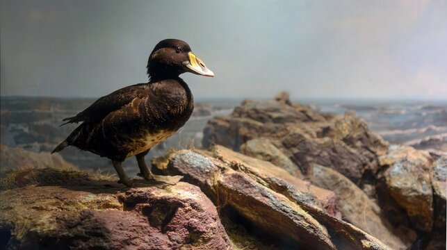 scoter. A black scoter duck taxidermy in a rocky coastline museum diorama habitat. wildlife magazines, conservation campaigns, designed for wildlife conservation campaigns, used by media buyers.