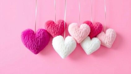 Colorful heart ornaments hanging on pink background