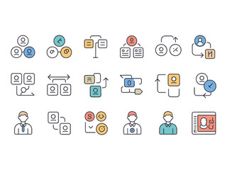Human Resources and Team Management Icon Set - 18 Colorful Vector Icons for User Profiles, Corporate Hierarchy, and Networking Concepts