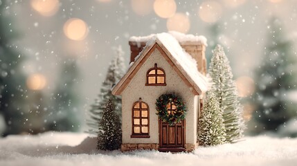 Cozy snow covered house with Christmas wreath on door