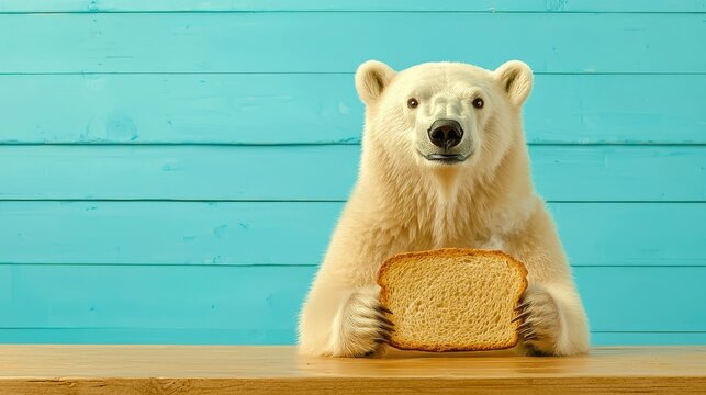 Polar bear holding a slice of bread in a light blue kitchen setting