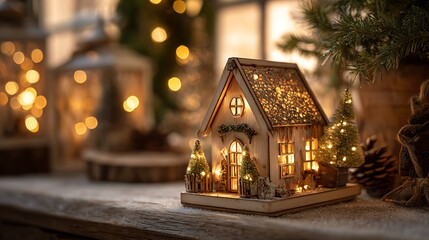 Cozy miniature wooden house with warm lights on snowy surface
