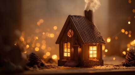 Cozy miniature wooden house with glowing windows in snowy forest