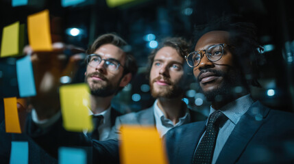 Diverse business team analyzing adhesive note on glass wall brainstorming serious strategy for successful corporate project
