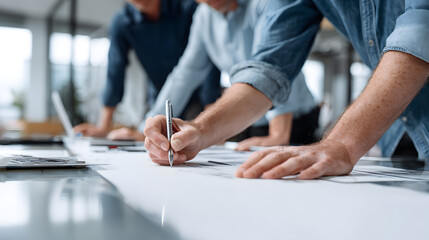 Team Collaboration Concept with Hands Drawing Ideas on Paper at Modern Office Desk