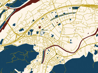 Naklejka premium Minimalist map of Sanxia, Taiwan, dark blue water and warm gold roads