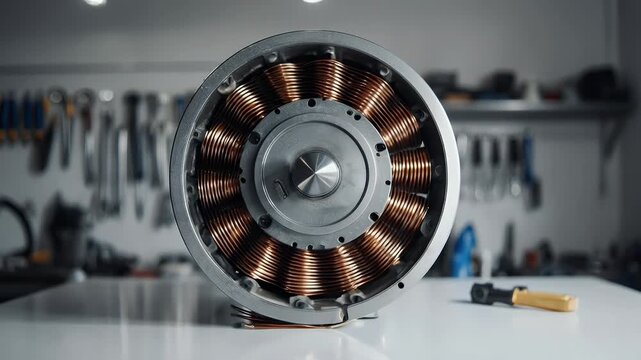 Close-up of Electric Motor Stator with Copper Windings in Workshop Environment