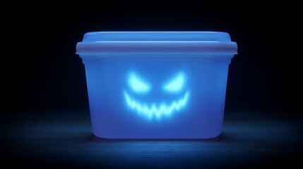 Glowing blue jack-o-lantern face on plastic bucket in dark