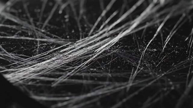Abstract Web Texture - Close up shot of a dusty, tangled spider web in black and white. The detailed video highlights the intricate strands and small particles trapped within the web.