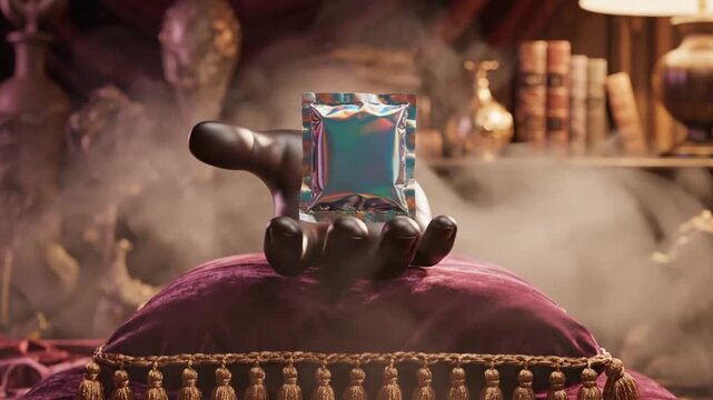 Condom Cartoon Hand Offering Safe Sex Product on Regal Pillow