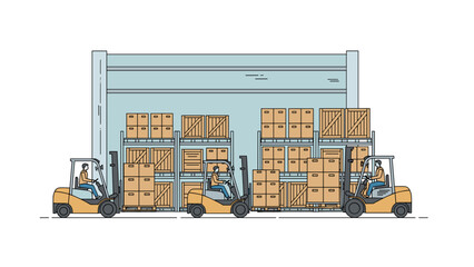 Naklejka premium Warehouse Logistics Forklifts Transporting Pallets of Cardboard Boxes for Shipping.
