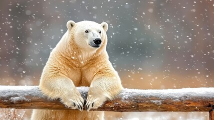 Polar Bear Resting on Log in Snowy Winter Wonderland Landscape with Falling Snow
