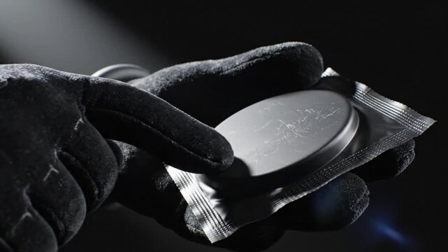 Black Glove Holding Condom Cartoon Protection Package