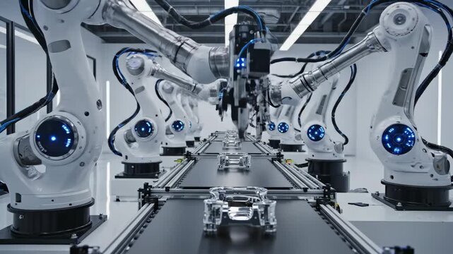 Automated Assembly Line - A row of robotic arms performs tasks on an assembly line, moving parts along a conveyor belt.