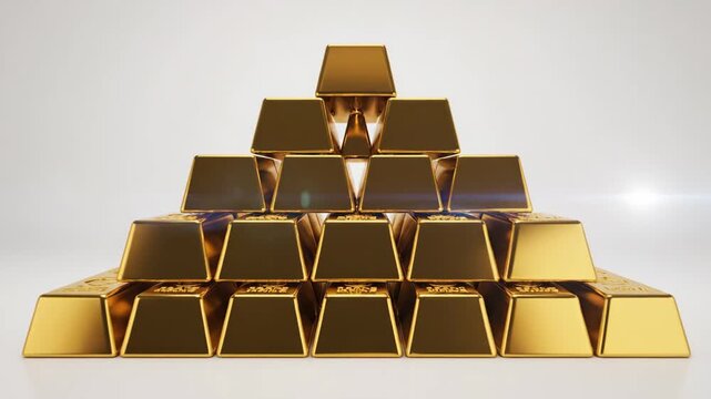 Pyramid of Gold Bars - The video shows a pyramid arrangement of shiny gold bars stacked neatly on top of each other.