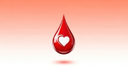 Fototapeta premium A red blood drop with a white heart inside against a pink background.