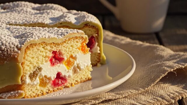 Delicious Fruit Cake Slice with Cream Filling - This video features a close-up shot of a delectable slice of fruit cake filled with sweet cream, adorned with colorful fruit pieces.