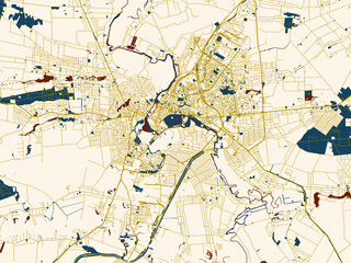 Naklejka premium Decorative abstract map of Lutsk, Ukraine, featuring cream-toned city field with gold linework streets and deep blue waterways for strong contrast