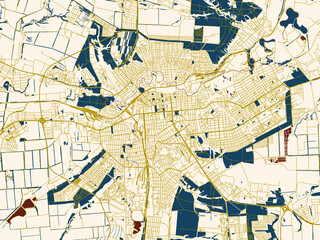 Fototapeta premium Poster-style map of Luhansk, Ukraine using cream map with gold lines