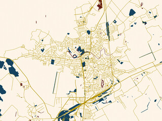 Fototapeta premium Flat city map of Nizhyn, Ukraine in dark blue water and warm gold roads