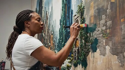 Artist Painting a Mural of a Cityscape in an Art Studio