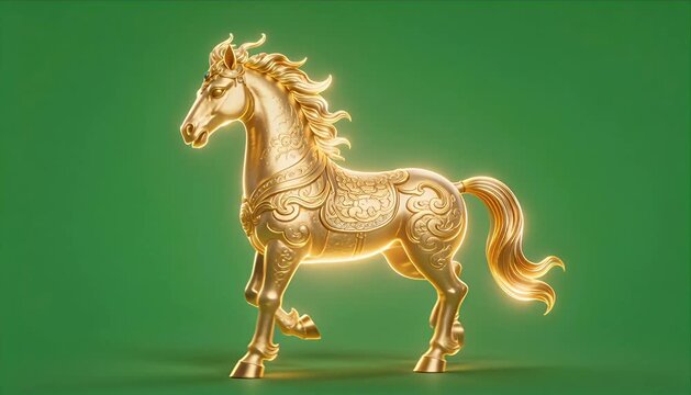 Golden horse chinese new year video 4k zodiac celebration wealth luck sculpture gold animal statue ornate equine art luxury decoration glowing mythical figure fantasy green background elegant design