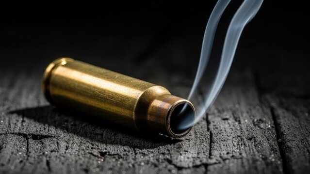 A smoking bullet on a dark surface.