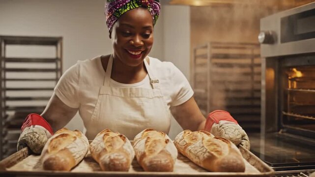 A baker, wearing a colorful headwrap and apron, holds a tray of bread near a commercial oven