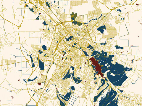 Minimalist map of Simferopol, Ukraine, cream map with gold lines