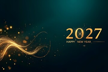 A shimmering golden design with swirling light trails announces the upcoming year of 2027 and new year celebrations