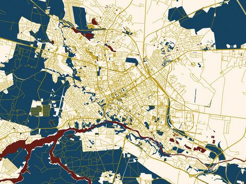 Minimalist map of Zhytomyr, Ukraine, dark blue water and warm gold roads