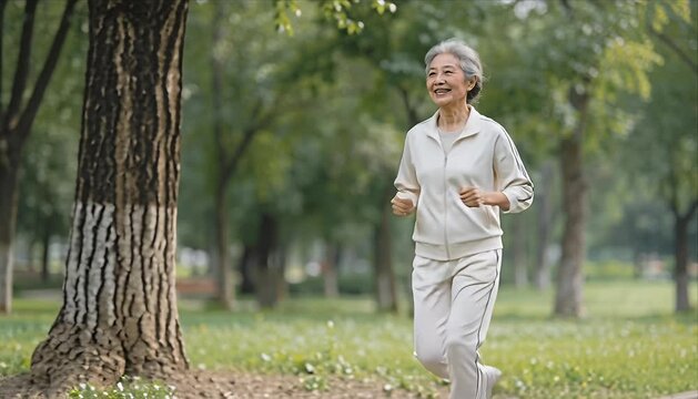 Active senior adult woman female jog jogging run running park life style 4k video morning nature scene outdoor healthy exercise wellness routine joyful motion happiness serene focus fitness