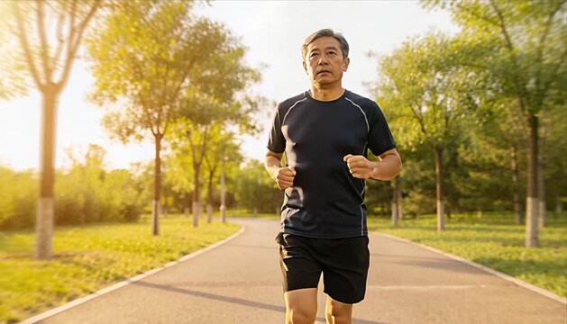 Senior man jogging park fitness running morning healthy lifestyle nature outdoor cardio run workout routine 4k video active life summer sunshine greenery joyful wellness motivation