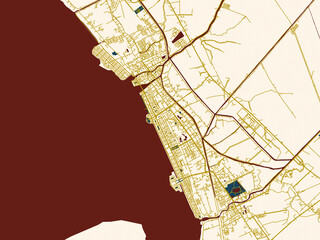 Decorative abstract map of Rach Gia, Viet Nam, featuring deep midnight-blue water with clean ivory streets and warm gold road lines on a soft cream background