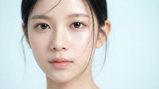 Young woman showing glowing natural korean skin beauty