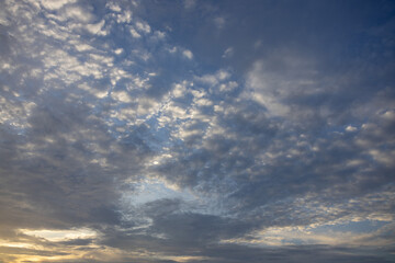 A wide shot of a sky filled with patterned altocumulus clouds, tinged