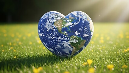 Heart shaped earth globe on green grass with yellow flowers