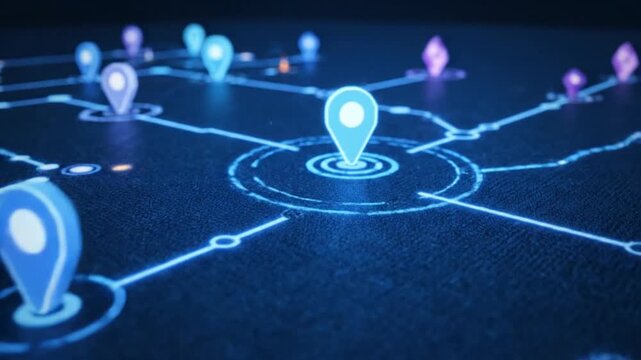 futuristic digital map glowing with navigation pins and interconnected lines in a dark setting