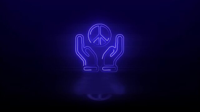 Neon peace symbol in hands glowing blue animation