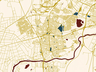 Fototapeta premium Flat city map of Vanderbijlpark, South Africa in dark blue water and warm gold roads